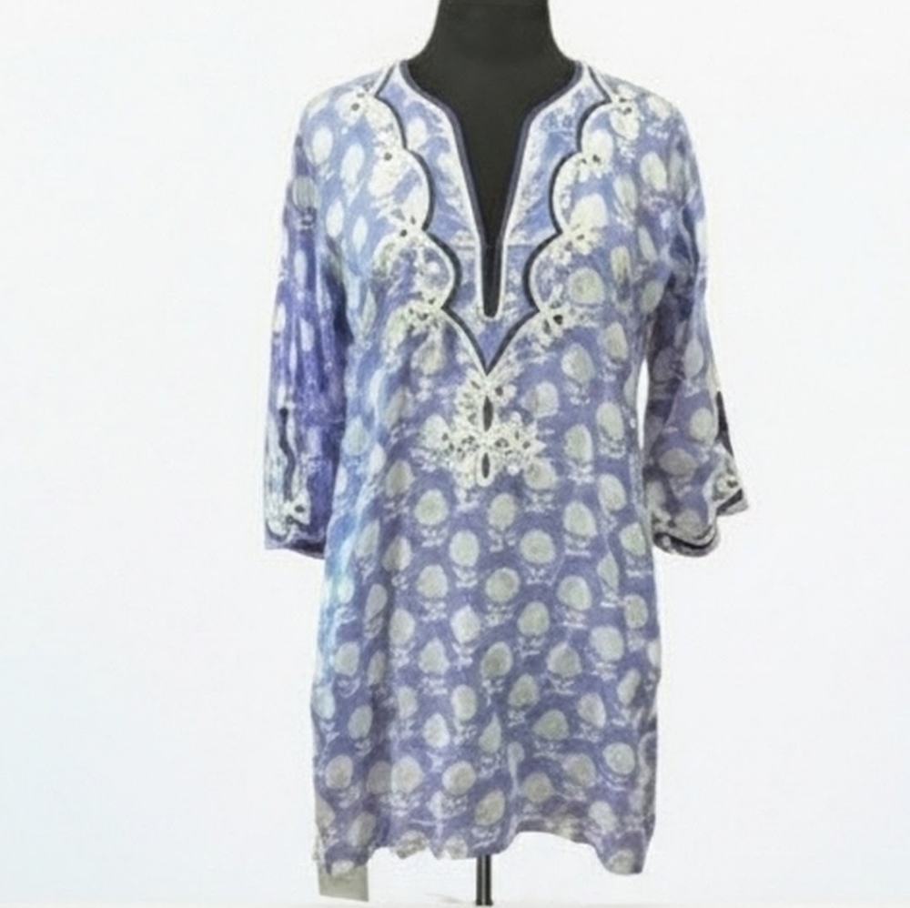 Roller Rabbit Small Purple Cotton Bohemian Tunic Embroidered Coastal